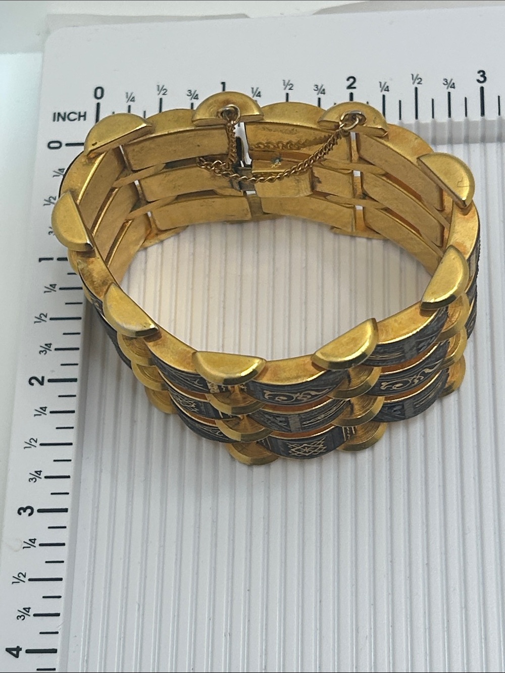 Vintage Damascene Gold and Black Etched Wide Link Bracelet - - Picture 3 of 9